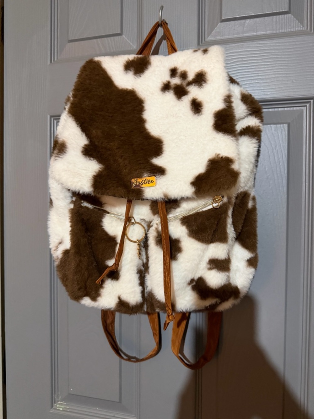 Justice Girls Faux Fur Cow Print Backpack Brown And White Sherpa Adjustable Stap - Picture 2 of 9